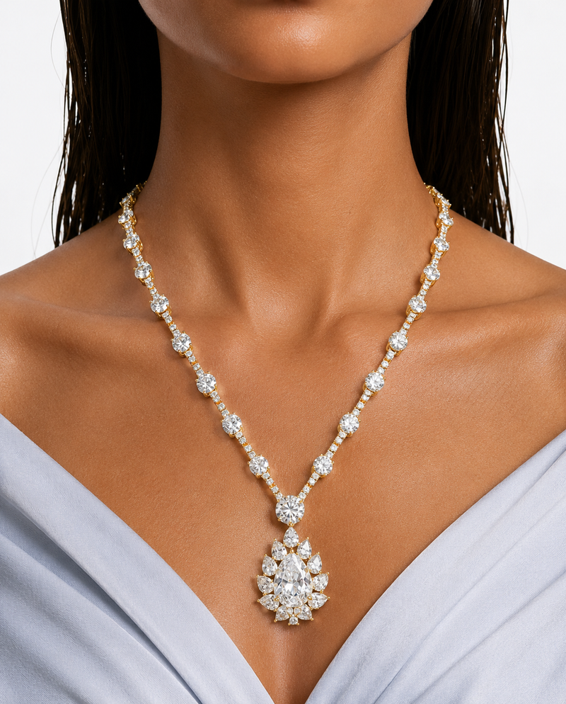 Maharani Leena Diamond Teardrop Diamond-Like Zircon Pendant Necklace Set & Arya Diamond-Like Zircon Choker Necklace – Gold-Tone (2 Necklaces & 2 Earrings)