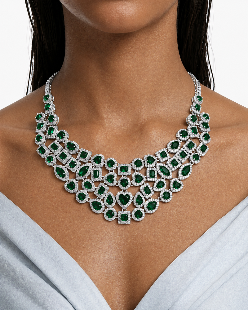 Maharani Bahiyya Emerald Drops & Diamond-Like Zircon Statement Pendant Necklace Set & Veyla Emerald Square & Heart Diamond-Like Zircon Statement Necklace Set (2 Necklaces & 2 Earrings)