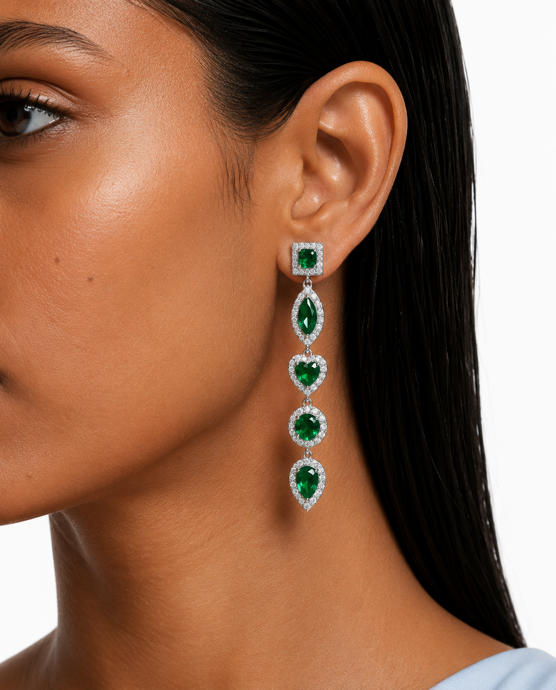Maharani Veyla Emerald Square & Heart Diamond-Like Zircon Statement Necklace Set & Emerald Oval Floral Diamond-Like Zircon Statement Necklace Set (2 Necklaces & 2 Earrings)