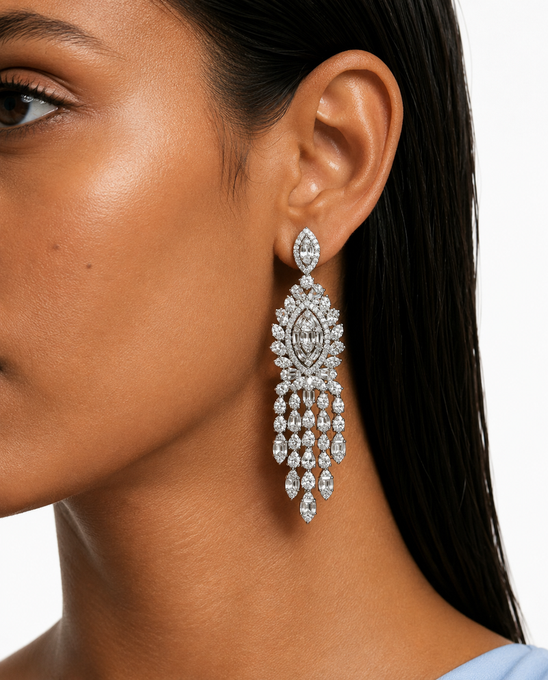 Ira Marquise & Teardrop Diamond-Like Zircon Tassel Statement Necklace Set – Necklace & Earrings