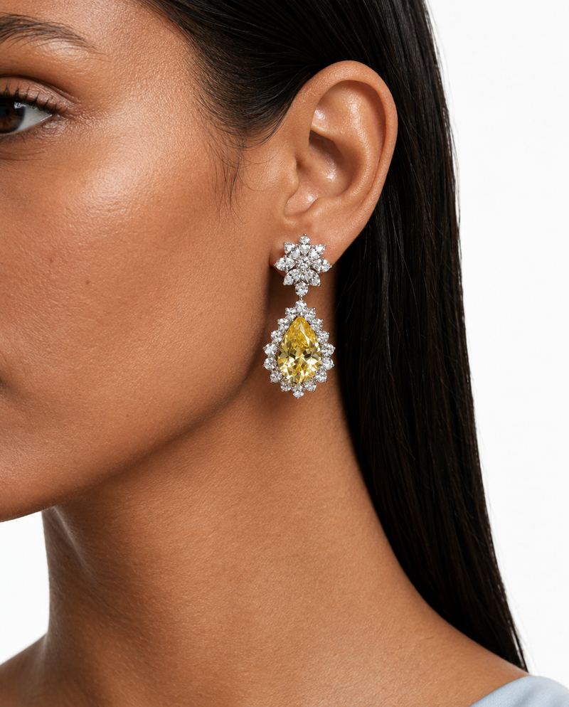 Maharani Citrine Cushion Cut with Zircon Detailing and Large Citrine Stone Necklace Set & Dalia Citrine Teardrop Diamond-Like Zircon Statement Necklace Set (2 Necklaces & 2 Earrings)