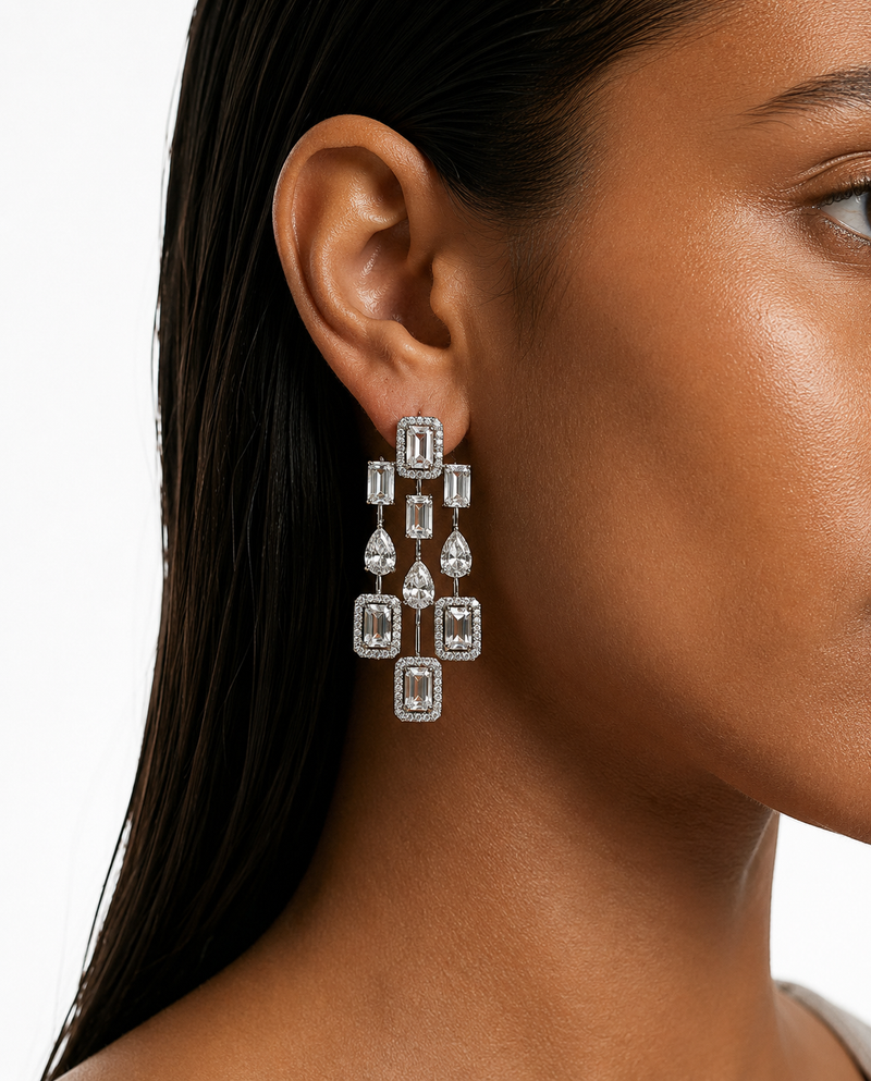 Maharani Lunara Diamond-Like Zircon Tennis Drop Necklace Set & Layan Diamond Rectangular-Cut & Pear Diamond-Like Zircon Statement Necklace Set (2 Necklaces & 2 Earrings)