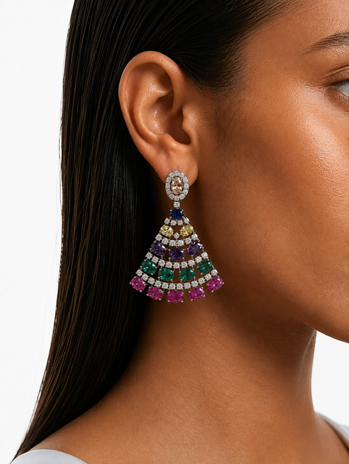 Meha Multicolor Layered Diamond-Like Zircon Statement Necklace Set – Necklace & Earrings