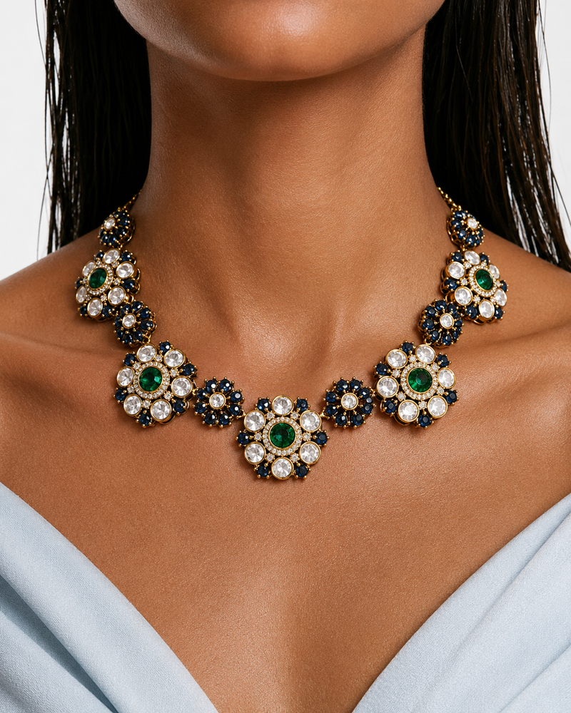 Viha Emerald & Sapphire Floral Kundan Diamond Detailing Necklace Set – Necklace & Earrings