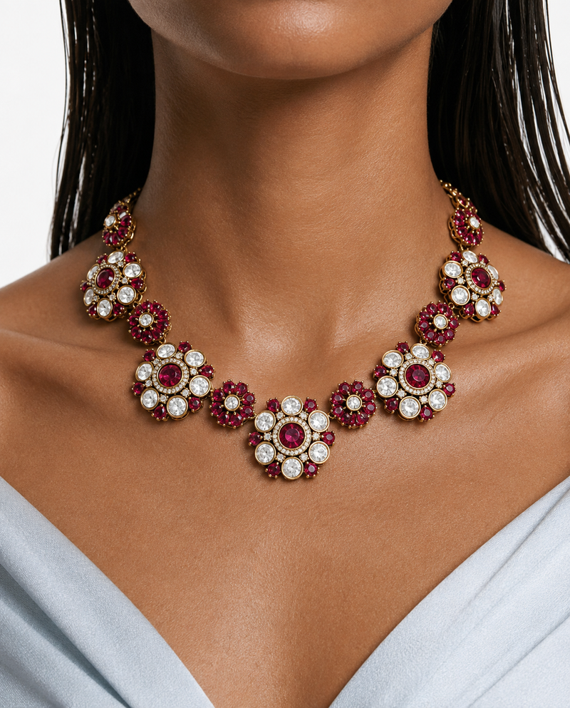 Viha Ruby & Polki Floral Kundan Diamond Detailing Necklace Set – Necklace & Earrings
