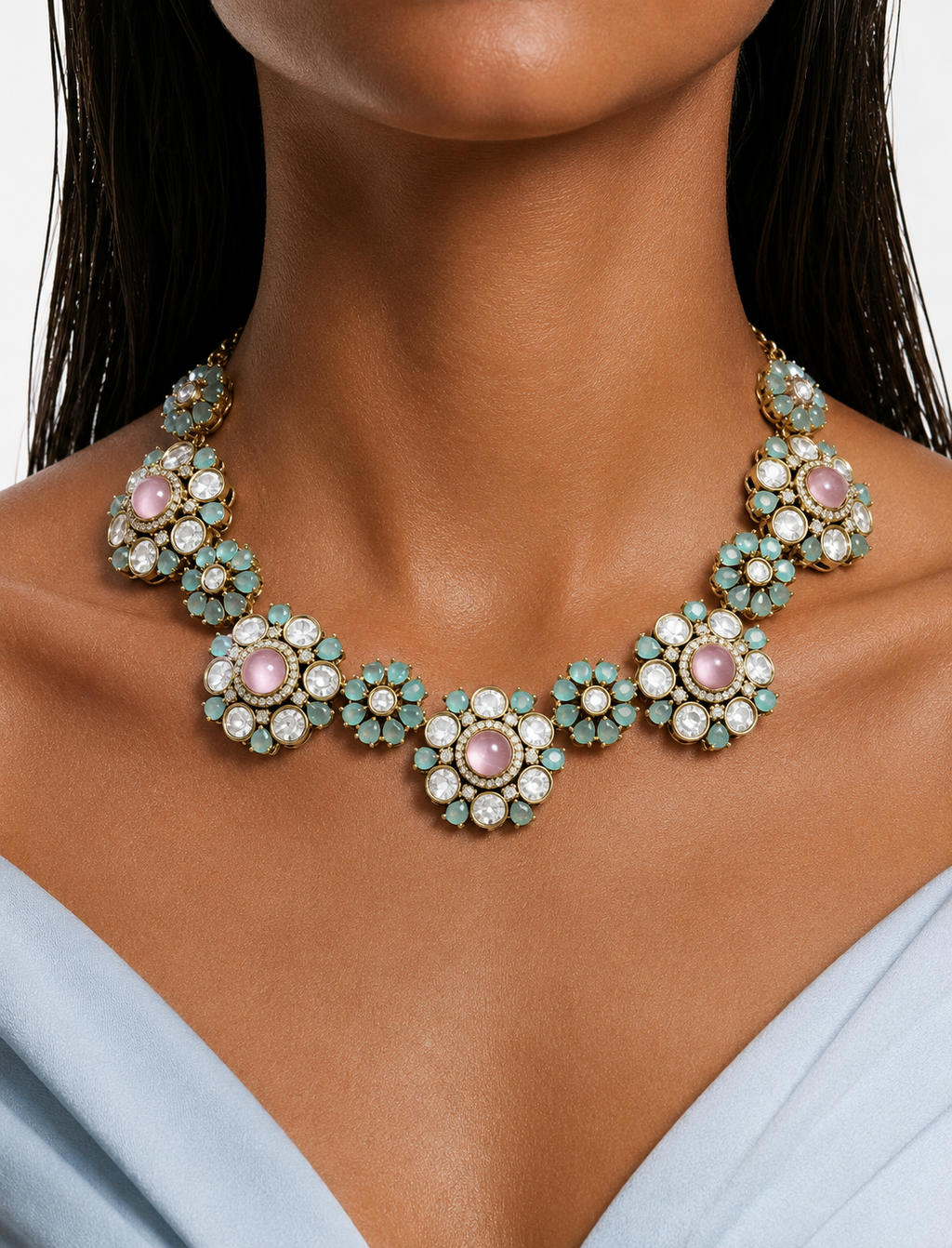 Viha Pink & Cyan Floral Kundan Diamond Detailing Necklace Set – Necklace & Earrings