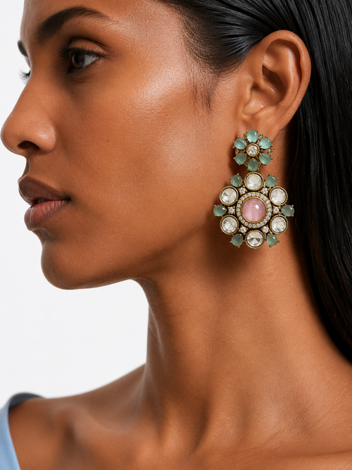 Viha Pink & Cyan Floral Kundan Diamond Detailing Necklace Set – Necklace & Earrings