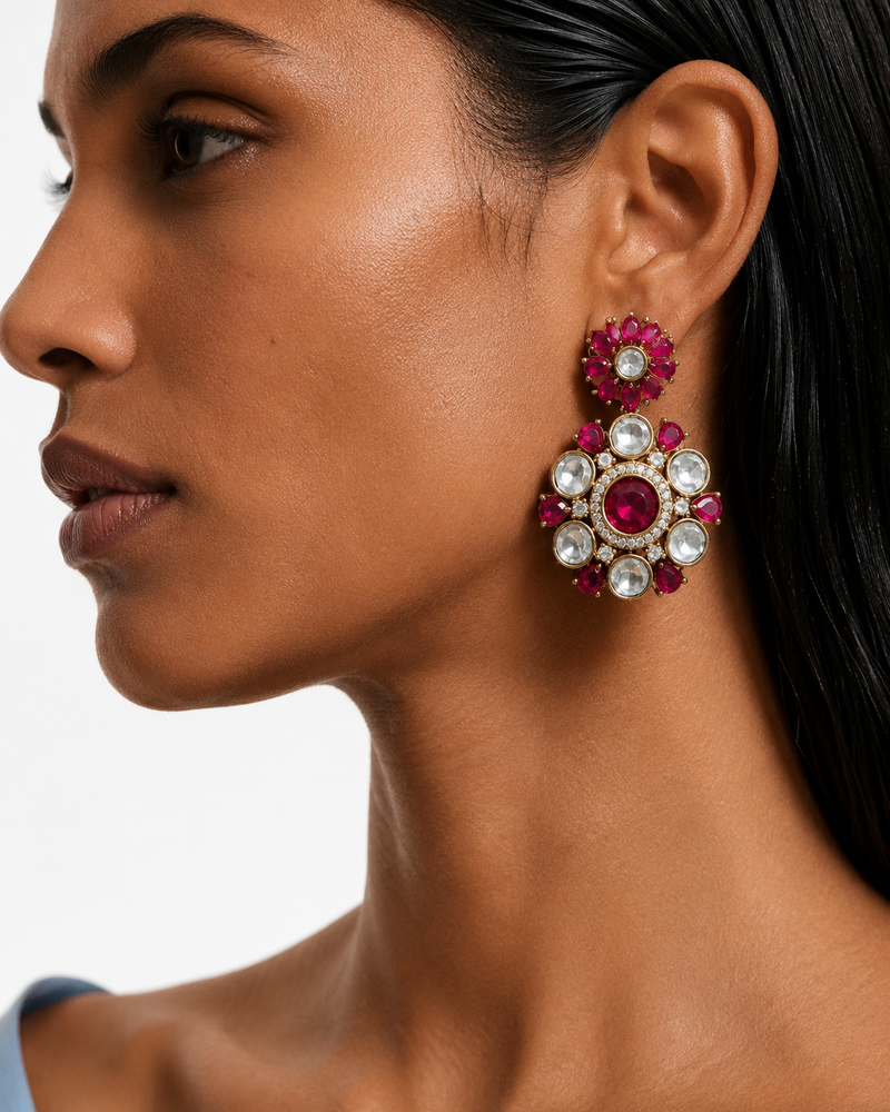 Viha Ruby & Polki Floral Kundan Diamond Detailing Necklace Set – Necklace & Earrings