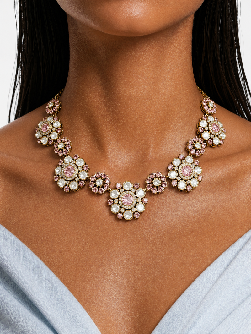 Viha Pink & Polki Floral Kundan Diamond Detailing Necklace Set – Necklace & Earrings