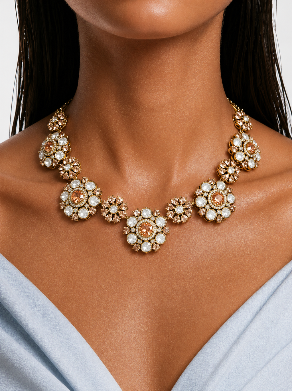 Viha Peach & Polki Floral Kundan Diamond Detailing Necklace Set – Necklace & Earrings