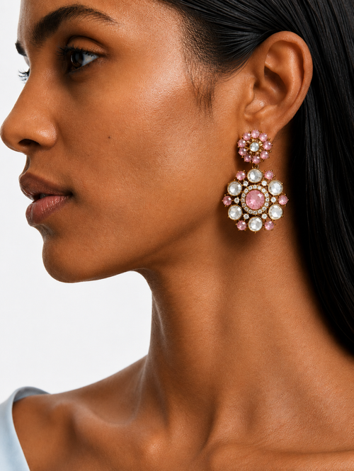 Viha Pink & Polki Floral Kundan Diamond Detailing Necklace Set – Necklace & Earrings