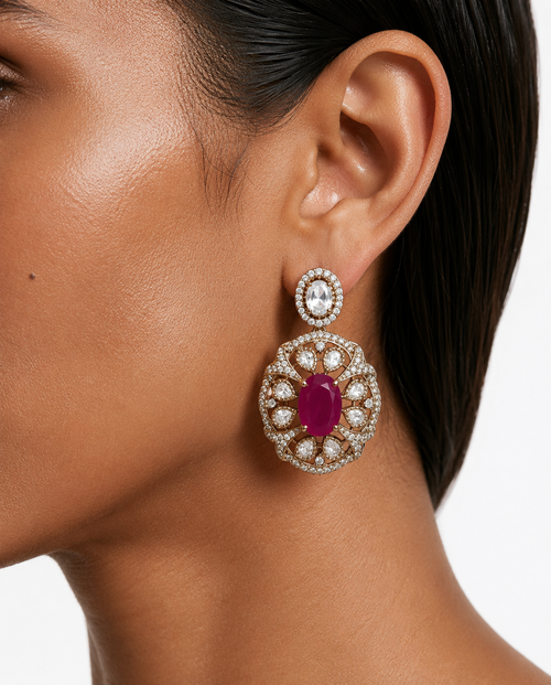 Veyra Ruby & Polki Oval Pendant Kundan Diamond Detailing Necklace Set – Necklace & Earrings