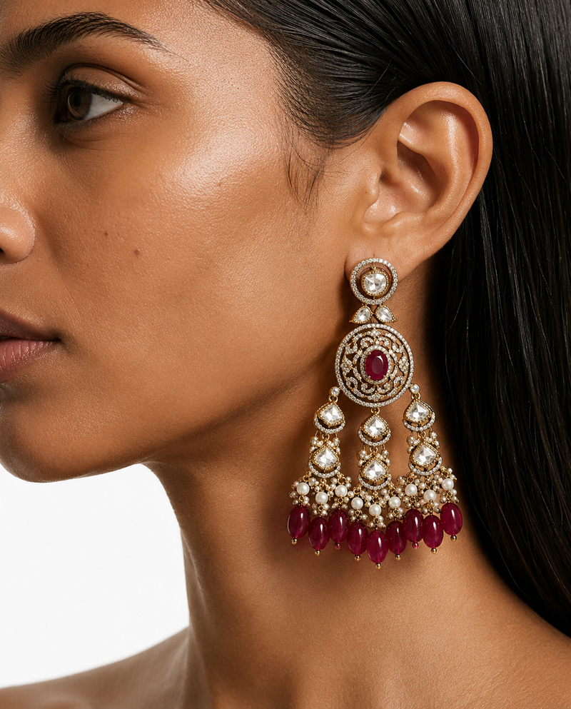 Zema Ruby Pearls & Moissanite Polki Kundan with Zircon Diamond Detailing Statement Choker Necklace Set – Necklace & Earrings & Maang Tikka