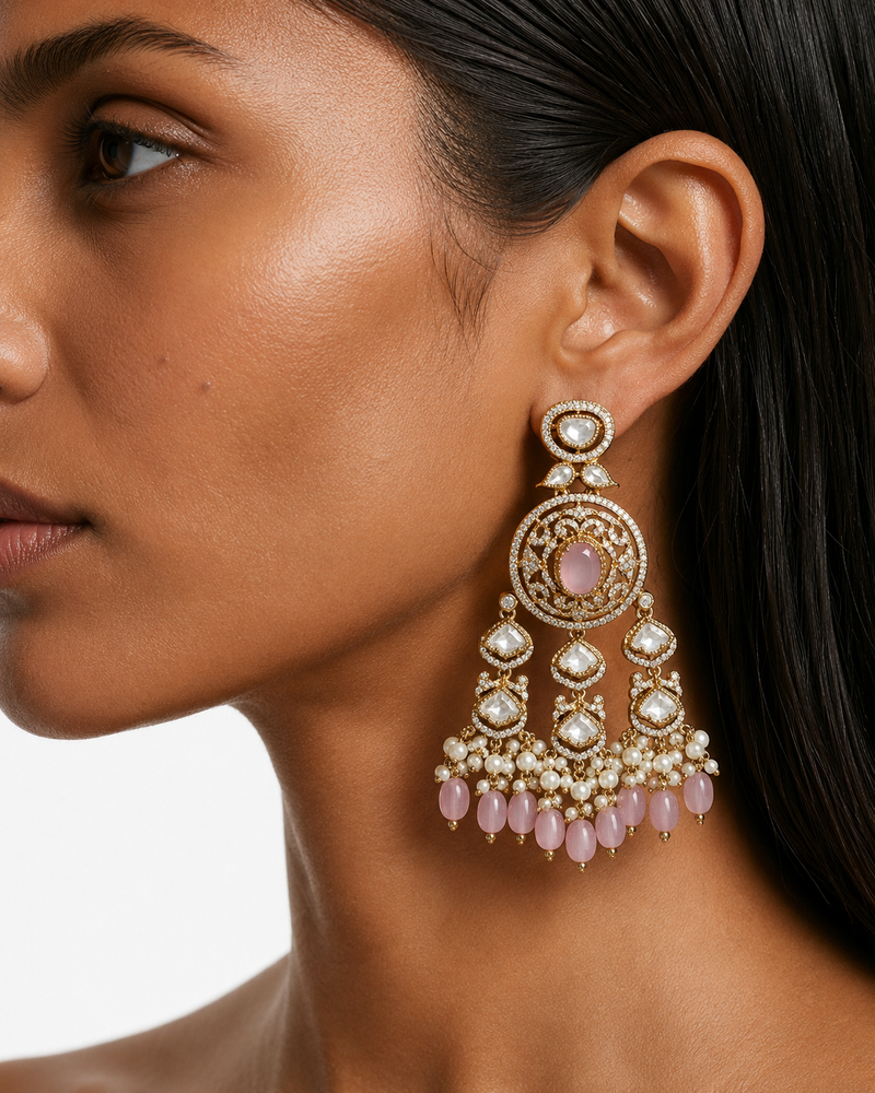 Zema Pink Pearls & Moissanite Polki Kundan with Zircon Diamond Detailing Statement Choker Necklace Set – Necklace, Earrings & Maang Tikka