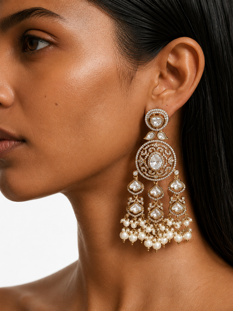 Zema Diamond Pearls & Moissanite Polki Kundan with Zircon Diamond Detailing Statement Choker Necklace Set – Necklace & Earrings & Maang Tikka