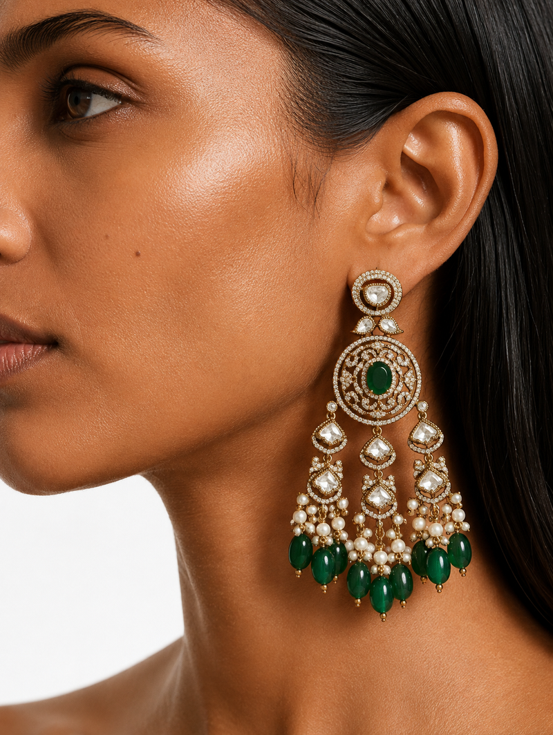 Zema Emerald Pearls & Moissanite Polki Kundan with Zircon Diamond Detailing Statement Choker Necklace Set – Necklace & Earrings & Maang Tikka