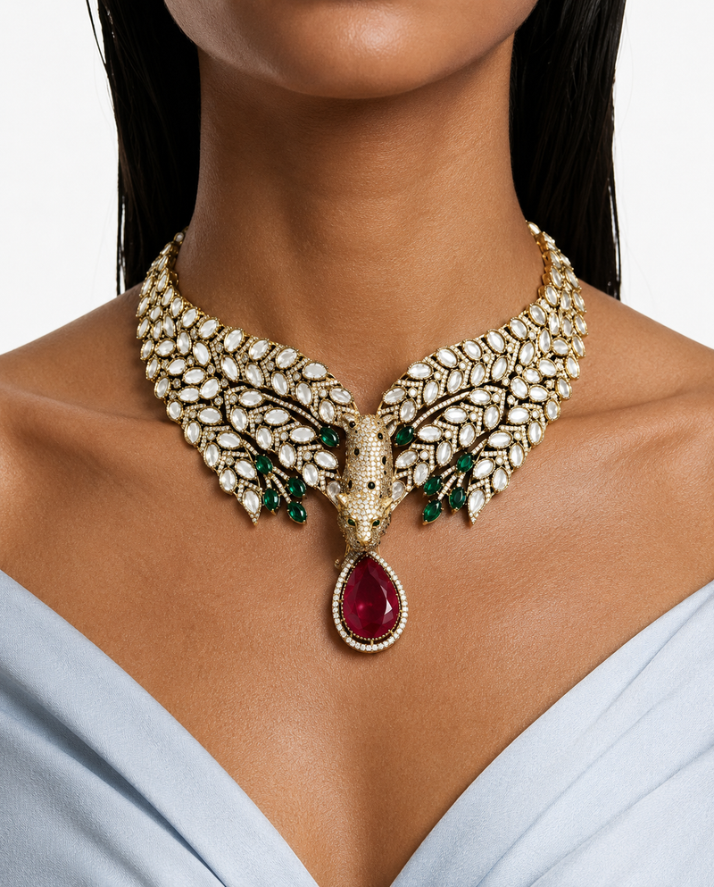 Shera Ruby & Emerald Pearls & Moissanite Polki Kundan with Zircon Diamond Detailing Necklace Set – Necklace & Earrings