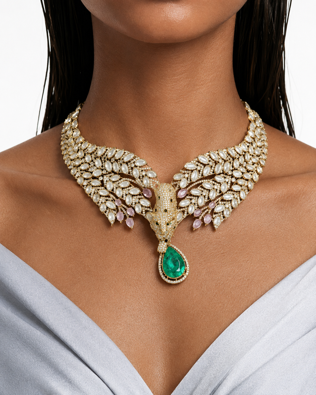 Shera Mint & Pink Pearls & Moissanite Polki Kundan with Zircon Diamond Detailing Necklace Set – Necklace & Earrings