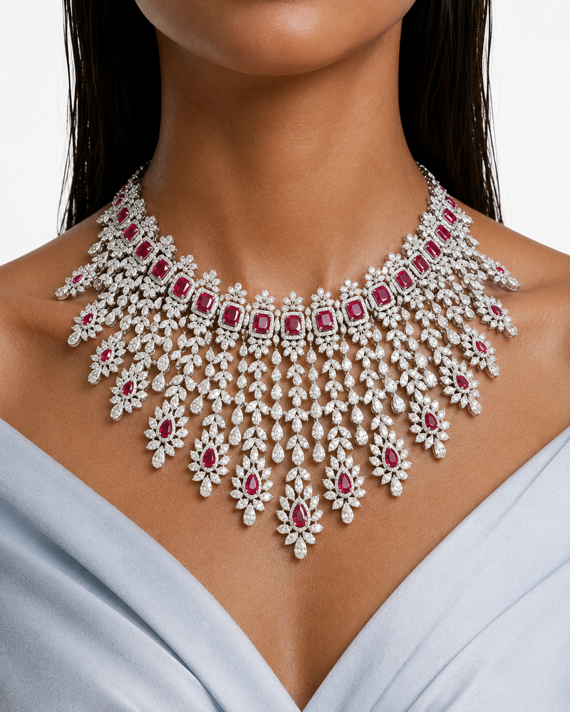 Siena Ruby & Diamond-Like Zircon Necklace Set – Necklace & Earrings