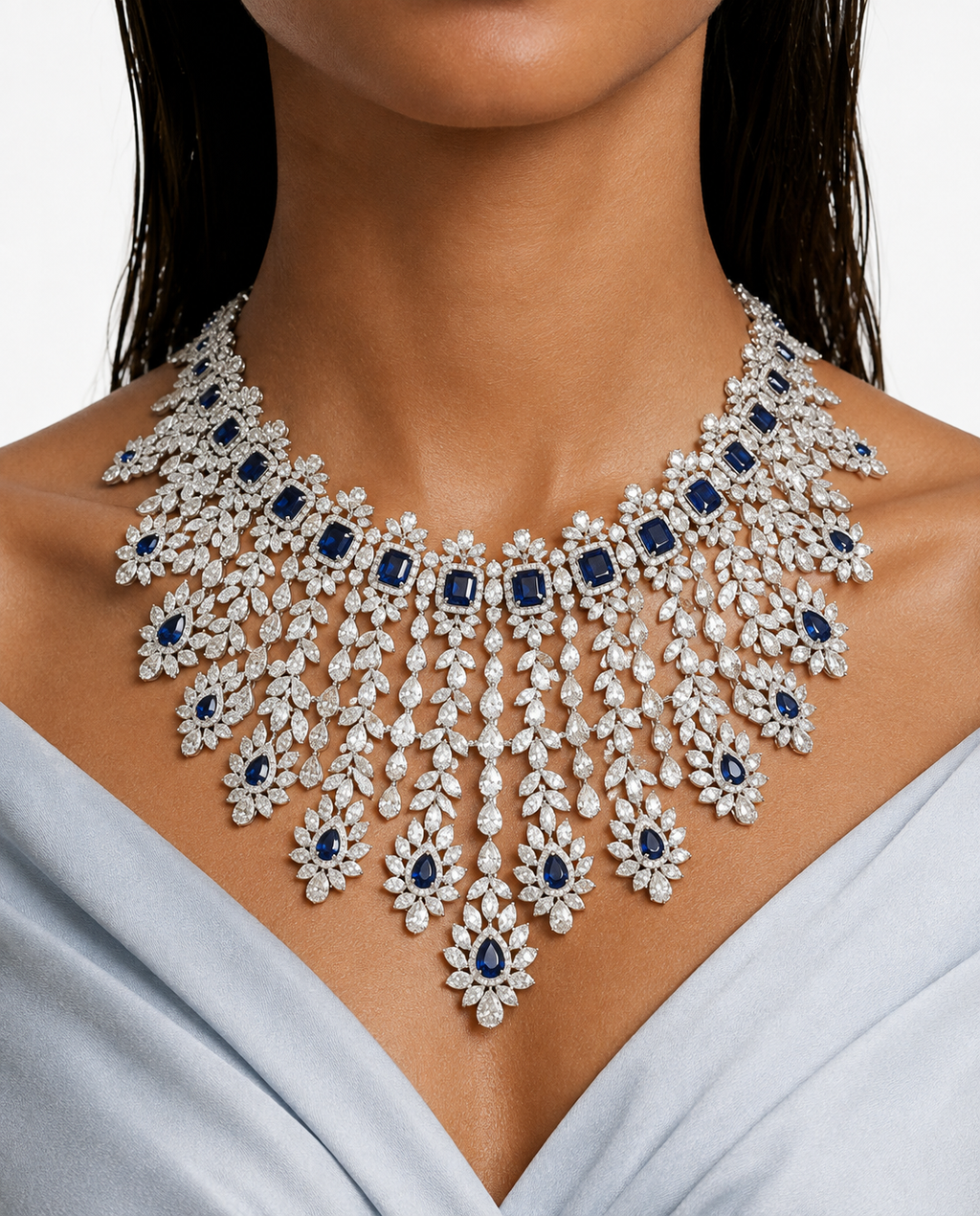 Siena Sapphire & Diamond-Like Zircon Necklace Set – Necklace & Earrings