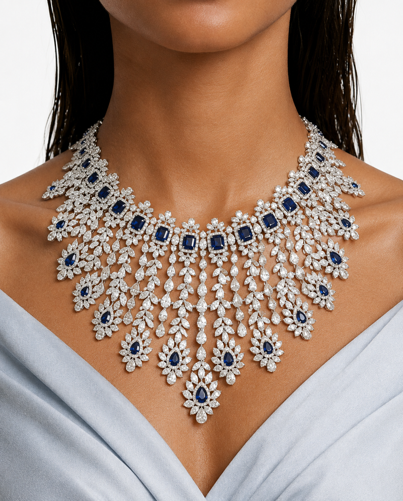 Siena Sapphire & Diamond-Like Zircon Necklace Set – Necklace & Earrings