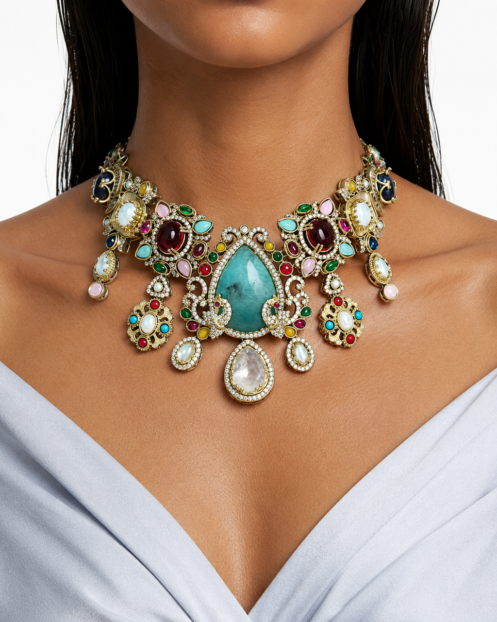 Mohim Aqua Semi Precious Moissanite Kundan Polki Multicolour Statement Royale Necklace Set (Necklace & Earrings)
