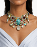 Mohim Aqua Semi Precious Moissanite Kundan Polki Multicolour Statement Royale Necklace Set (Necklace & Earrings)