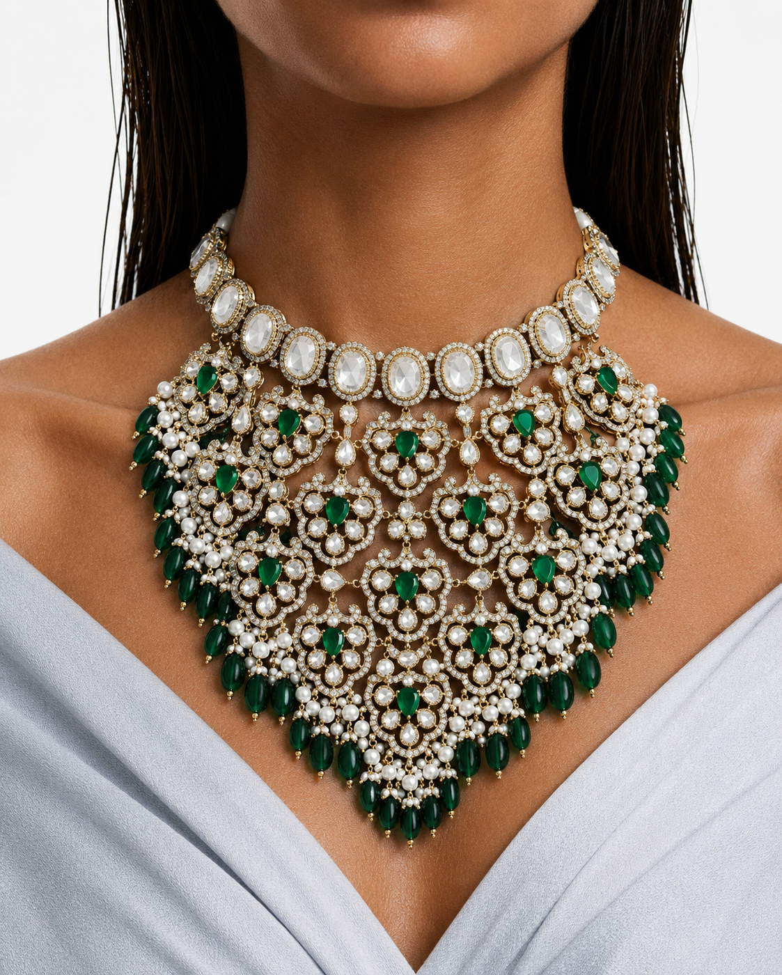 Aaina Emerald Moissanite Polki Kundan Necklace Set (Necklace, Earrings & Maang Tikka)