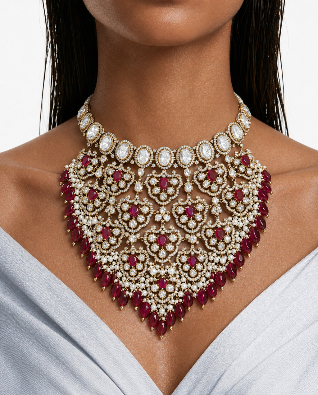 Aaina Ruby Moissanite Polki Kundan Necklace Set (Necklace, Earrings & Maang Tikka)