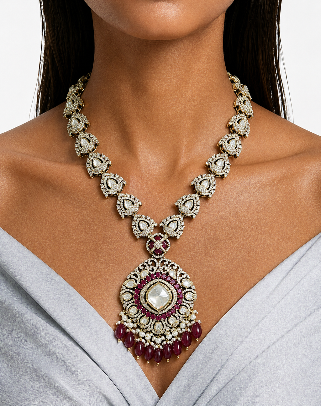Niko Ruby Moissanite Polki Kundan Necklace Set (Necklace, Earrings & Maang Tikka)