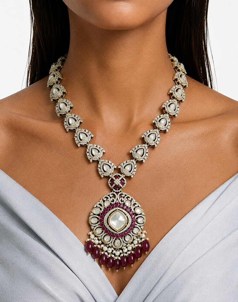 Niko Ruby Moissanite Polki Kundan Necklace Set (Necklace, Earrings & Maang Tikka)