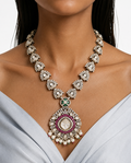 Niko Mint & Pink Moissanite Polki Kundan Necklace Set (Necklace, Earrings & Maang Tikka)