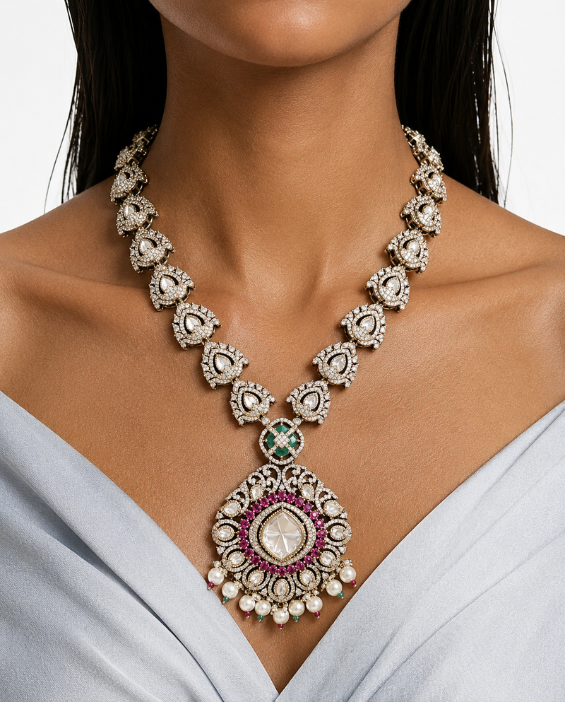 Niko Mint & Pink Moissanite Polki Kundan Necklace Set (Necklace, Earrings & Maang Tikka)
