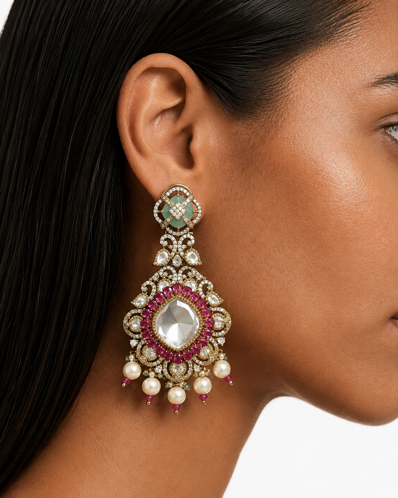 Niko Mint & Pink Moissanite Polki Kundan Necklace Set (Necklace, Earrings & Maang Tikka)