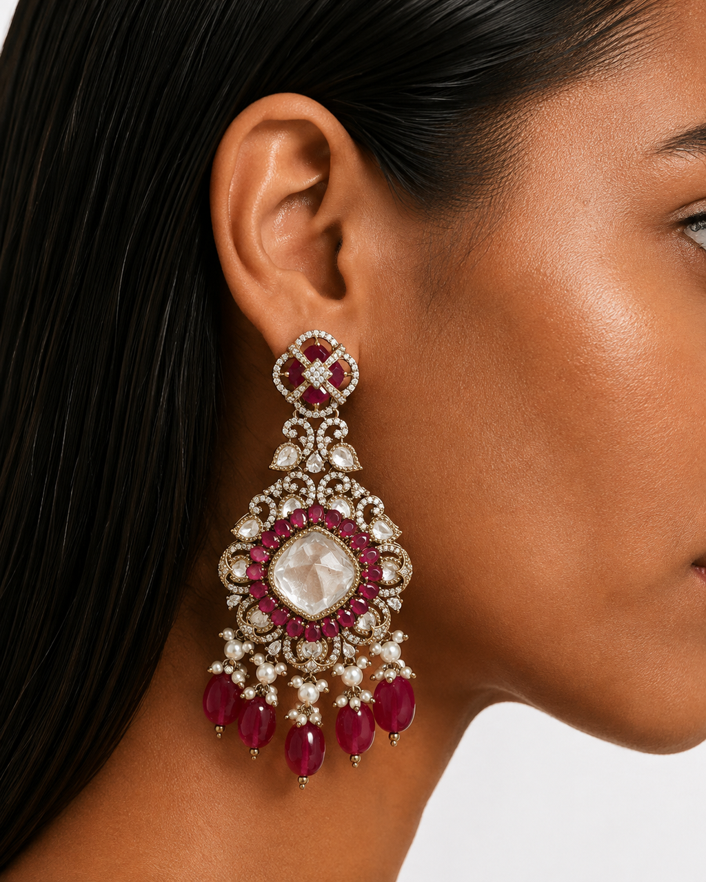 Niko Ruby Moissanite Polki Kundan Necklace Set (Necklace, Earrings & Maang Tikka)