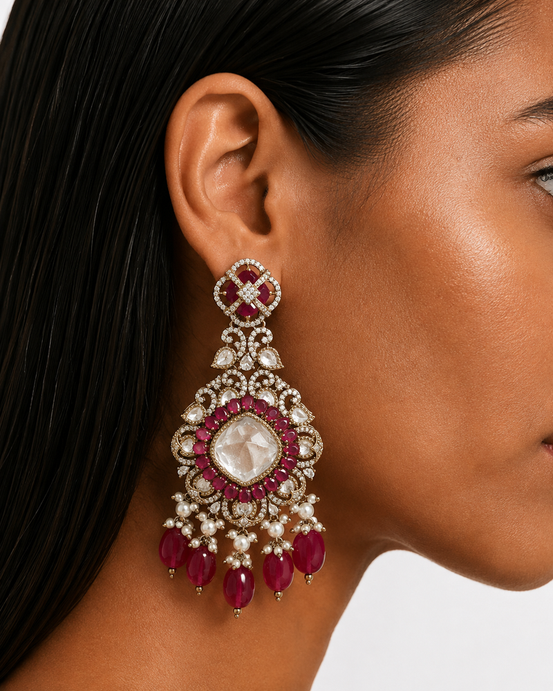 Niko Ruby Moissanite Polki Kundan Necklace Set (Necklace, Earrings & Maang Tikka)