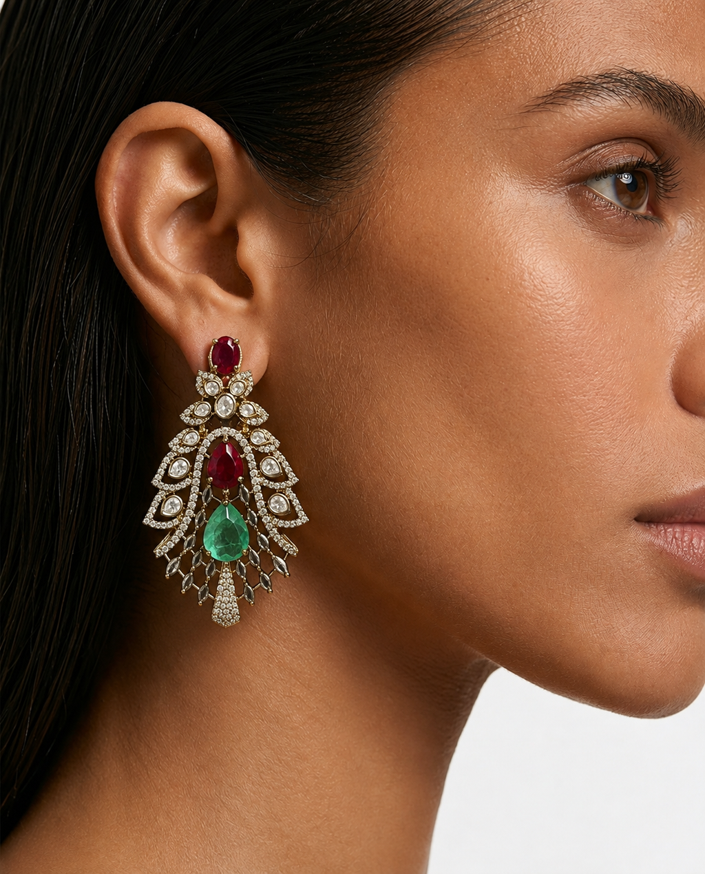 Rosha Ruby & Mint Moissanite Polki Kundan Necklace Set (Necklace & Earrings)