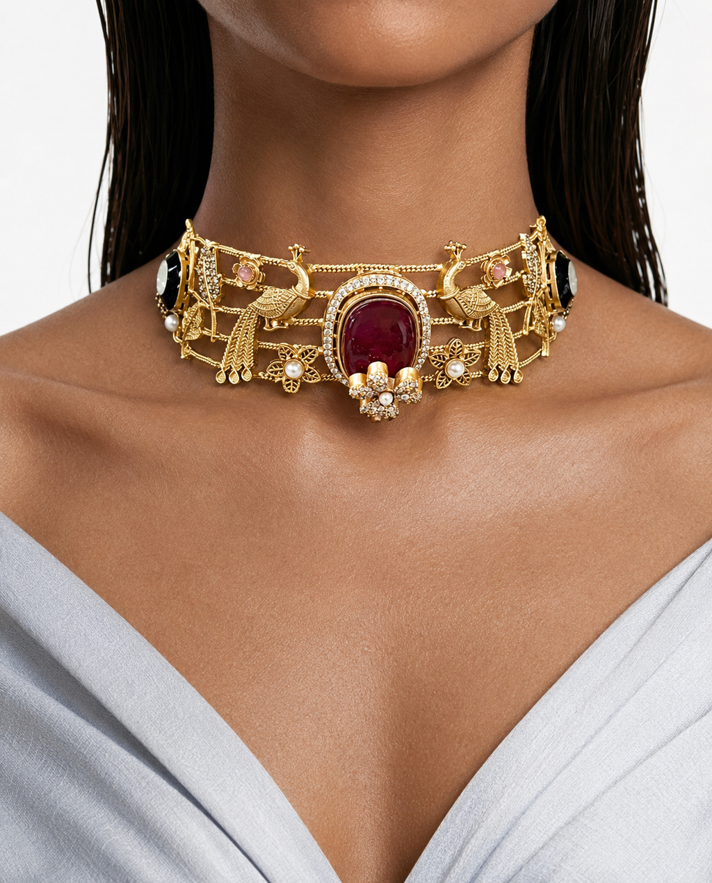 Siya Mor Ruby Moissanite Antique Gold Necklace Set (Necklace & Earrings)