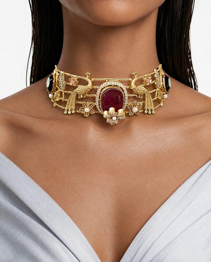 Siya Mor Ruby Moissanite Antique Gold Necklace Set (Necklace & Earrings)