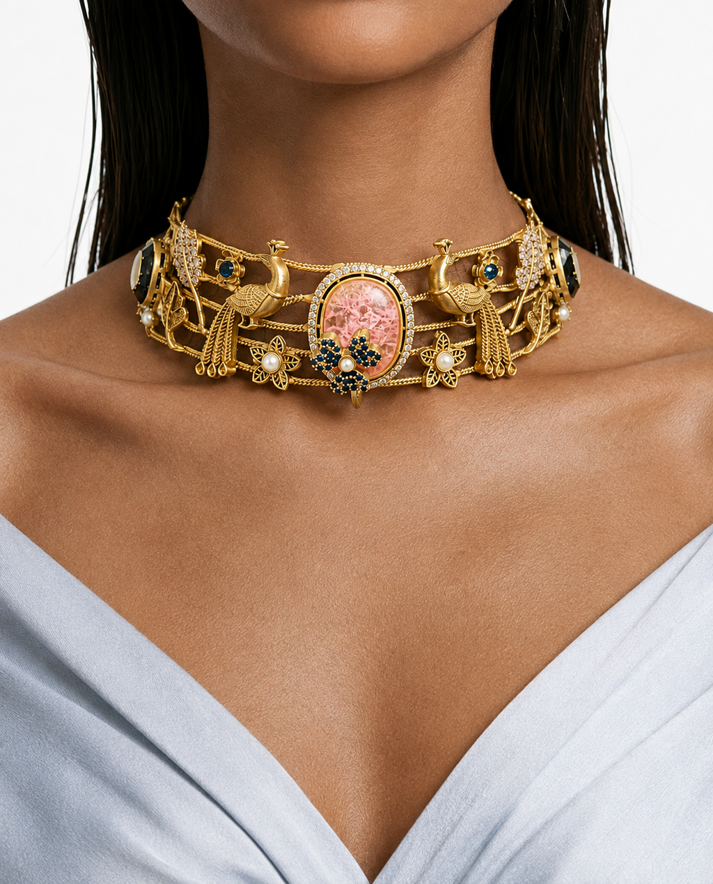 Siya Mor Peach Moissanite Antique Gold Necklace Set (Necklace & Earrings)
