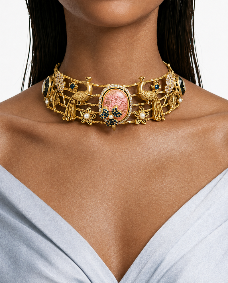 Siya Mor Peach Moissanite Antique Gold Necklace Set (Necklace & Earrings)