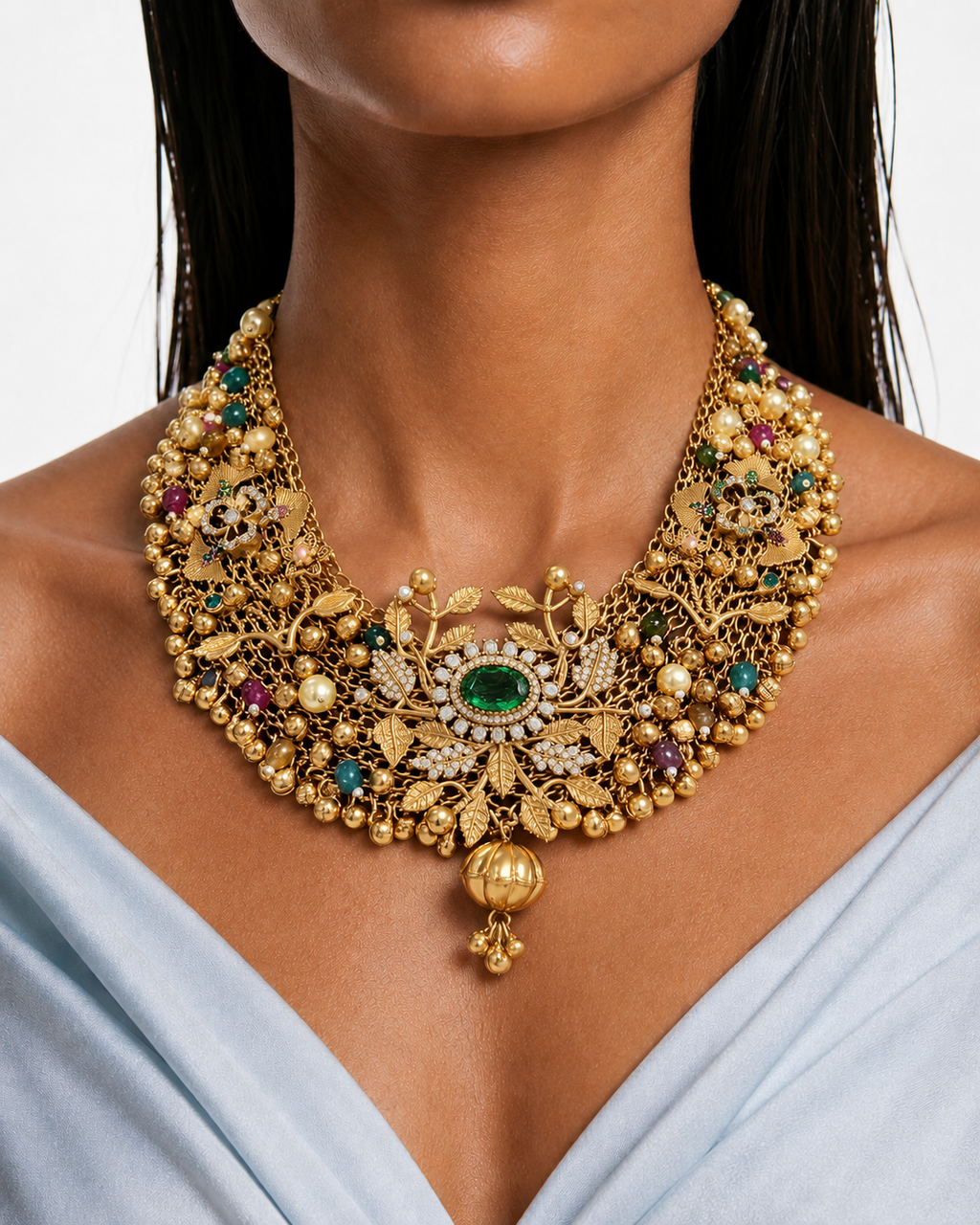Afeesa Emerald Semi Precious Moissanite Ghunguru Antique Gold Necklace Set (Necklace & Earrings)