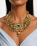 Afeesa Emerald Semi Precious Moissanite Ghunguru Antique Gold Necklace Set (Necklace & Earrings)