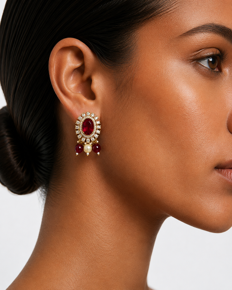Afeesa Ruby Semi Precious Moissanite Ghunguru Antique Gold Necklace Set (Necklace & Earrings)