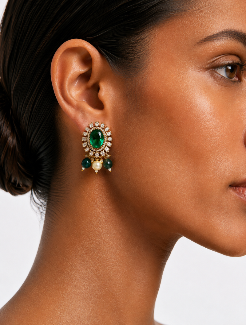 Afeesa Emerald Semi Precious Moissanite Ghunguru Antique Gold Necklace Set (Necklace & Earrings)