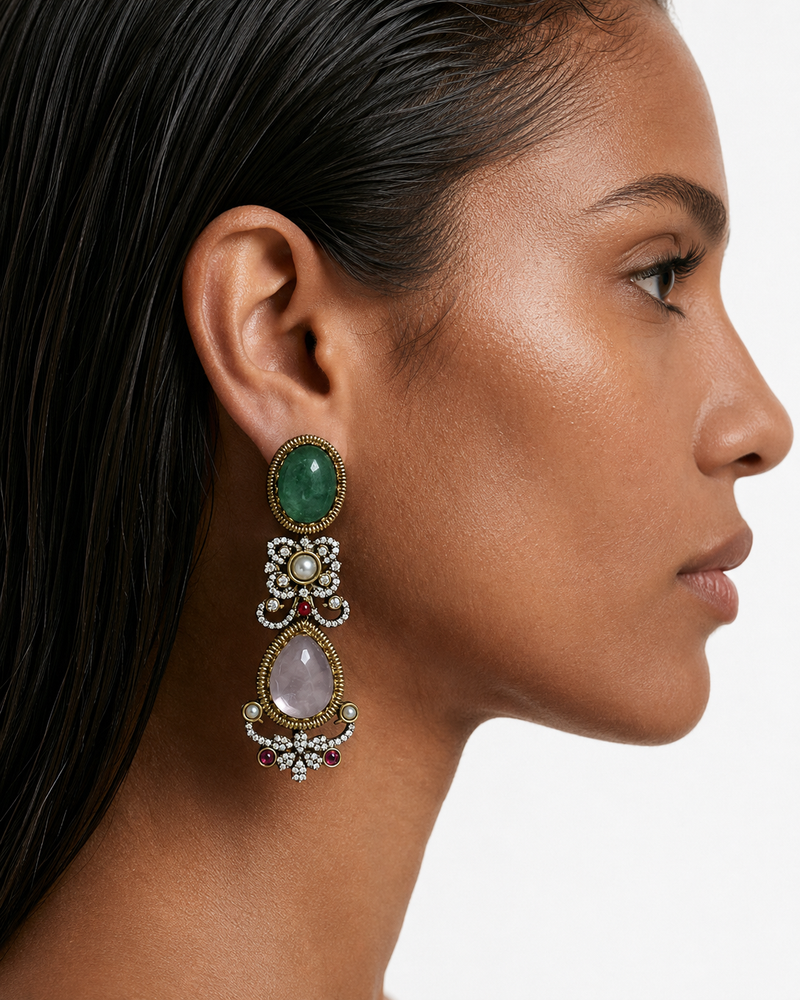 Zeera Multicolour Semi Precious Moissanite Kundan Polki Necklace Set (Necklace & Earrings)