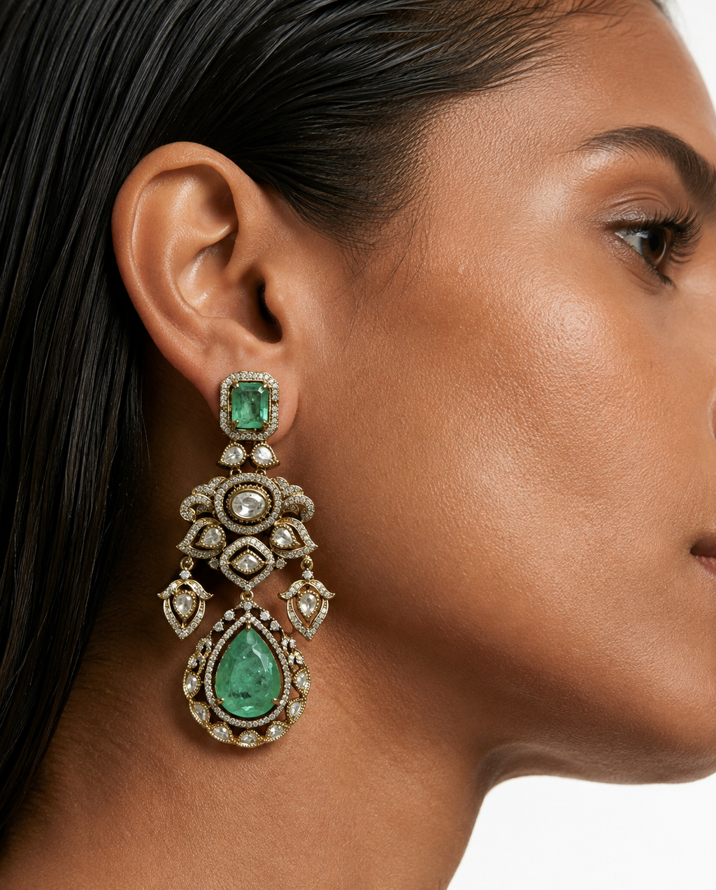 Nina Mint Moissanite Polki Kundan Leaf Statement Necklace Set (Necklace, Earrings & Maang Tikka)