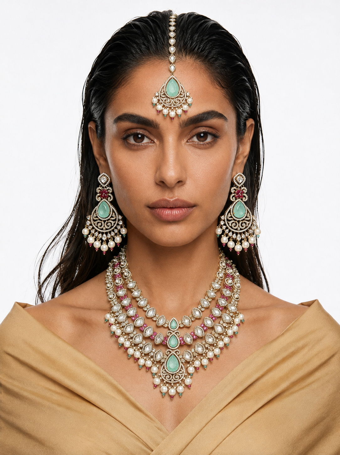 Areeza Mint & Pink 3 Layer Semi Precious Moissanite Kundan Polki Necklace Set (Necklace, Earrings & Maang Tikka)