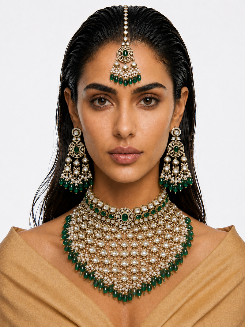 Zema Emerald Pearls & Moissanite Polki Kundan with Zircon Diamond Detailing Statement Choker Necklace Set – Necklace & Earrings & Maang Tikka
