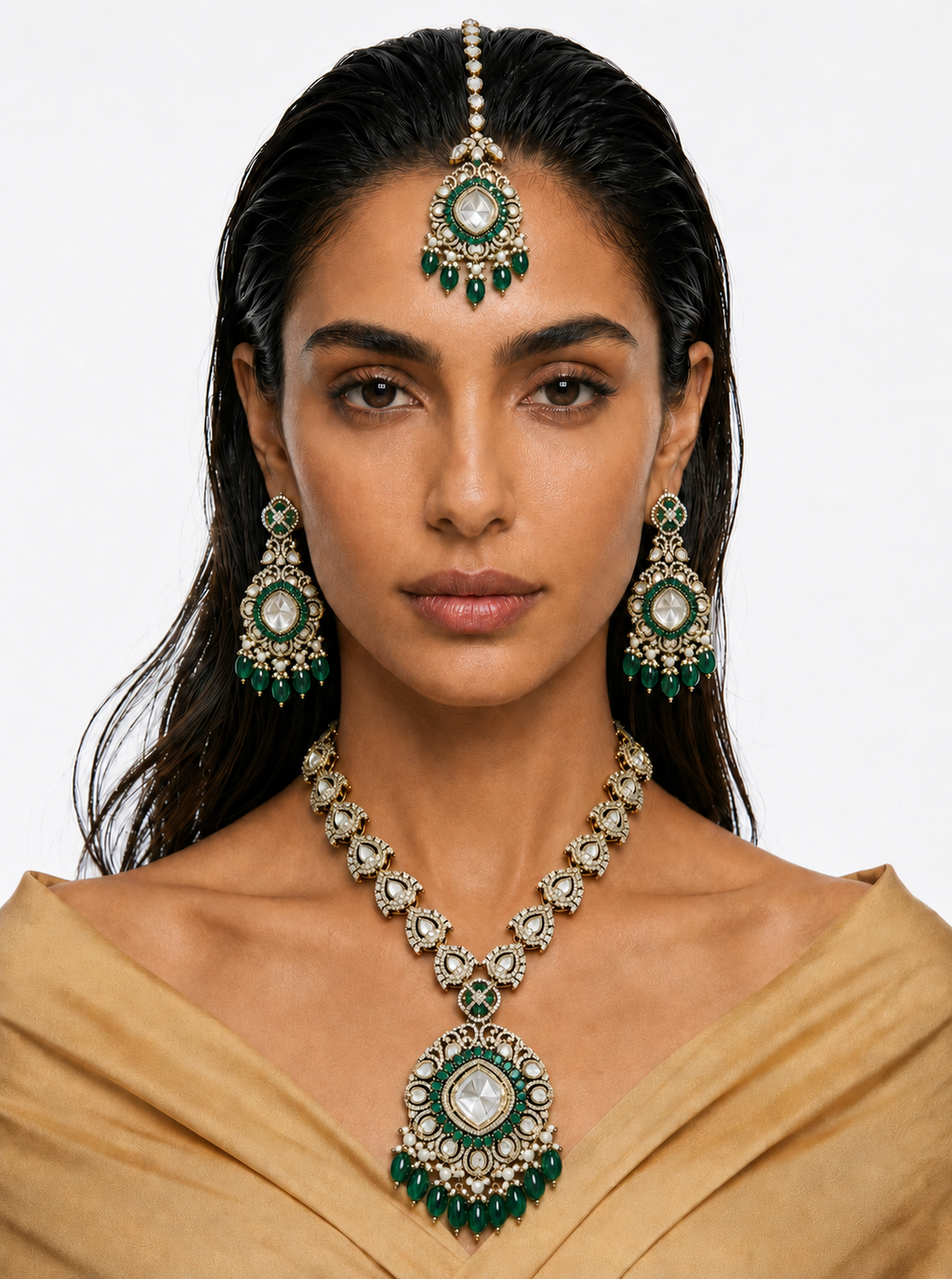 Niko Emerald Moissanite Polki Kundan Necklace Set (Necklace, Earrings & Maang Tikka)